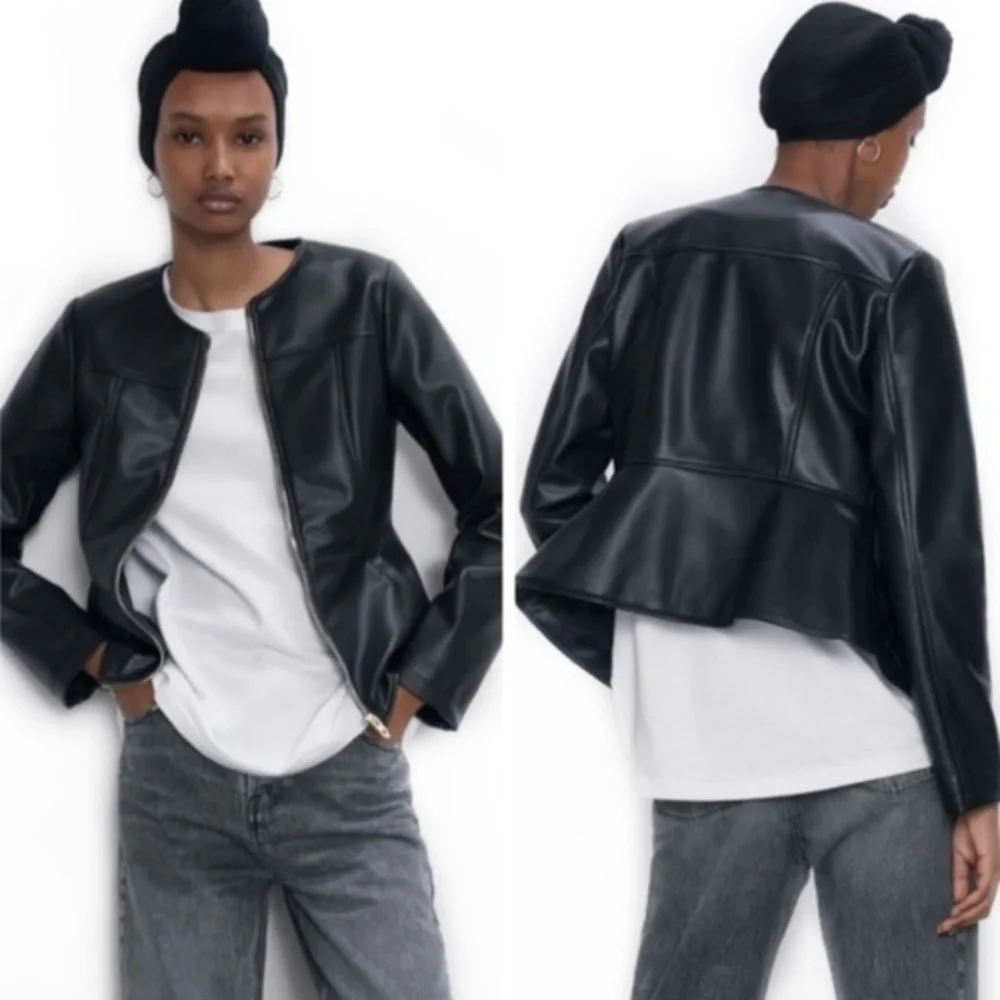 ZARA Black Vegan Faux Leather Peplum Zip Up Moto Jacket